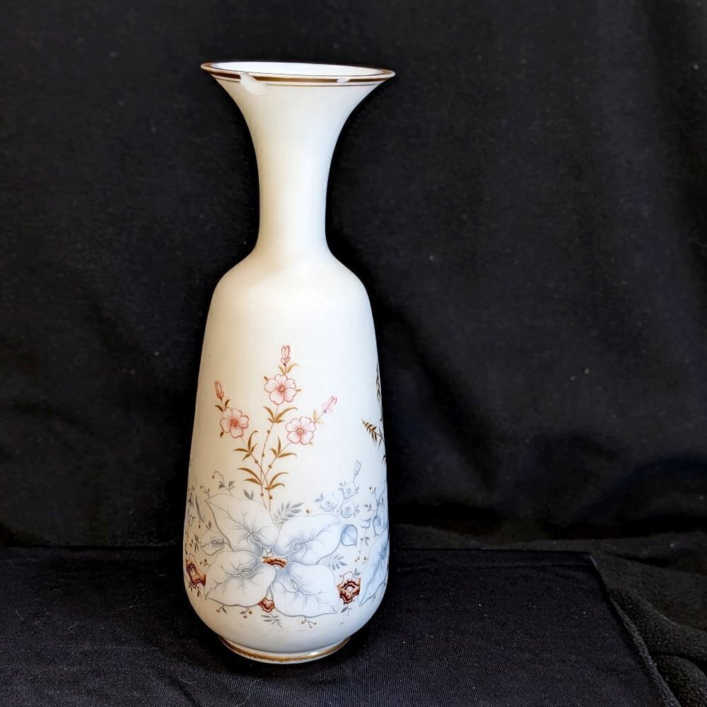 Vintage White Satin Glass Floral Vase with Gold Trim